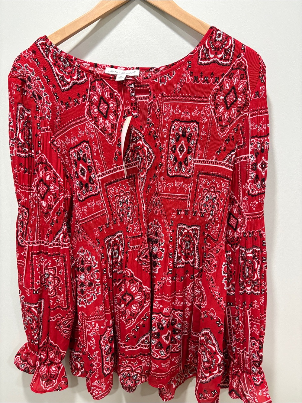 Women's Red Printed Long-Sleeve Peasant Top. Brand new.